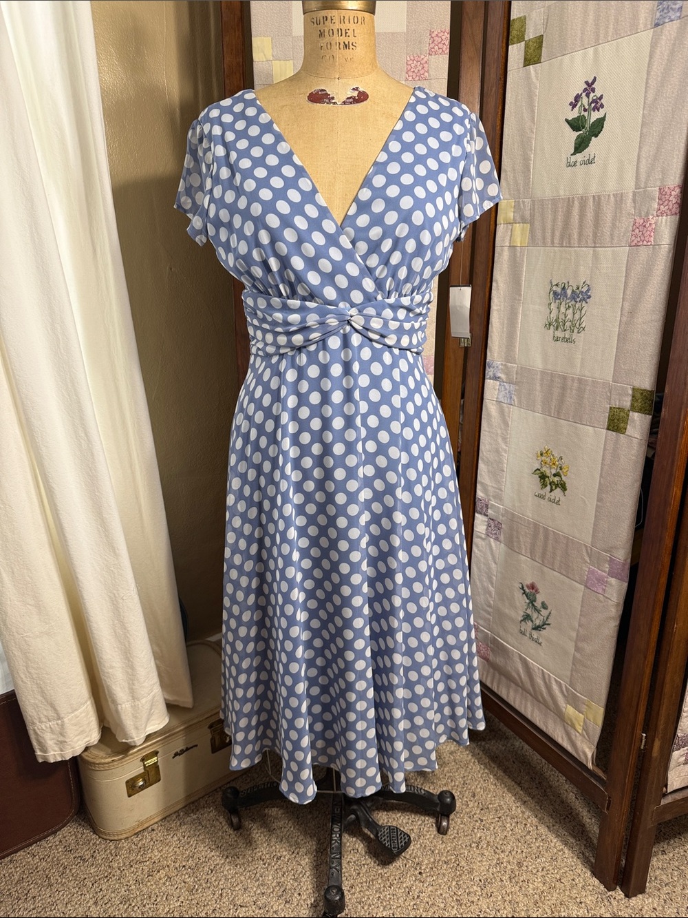 Connected Apparel Polka Dot Dress Size 12 Blue White Ruched Waist NWT Retro